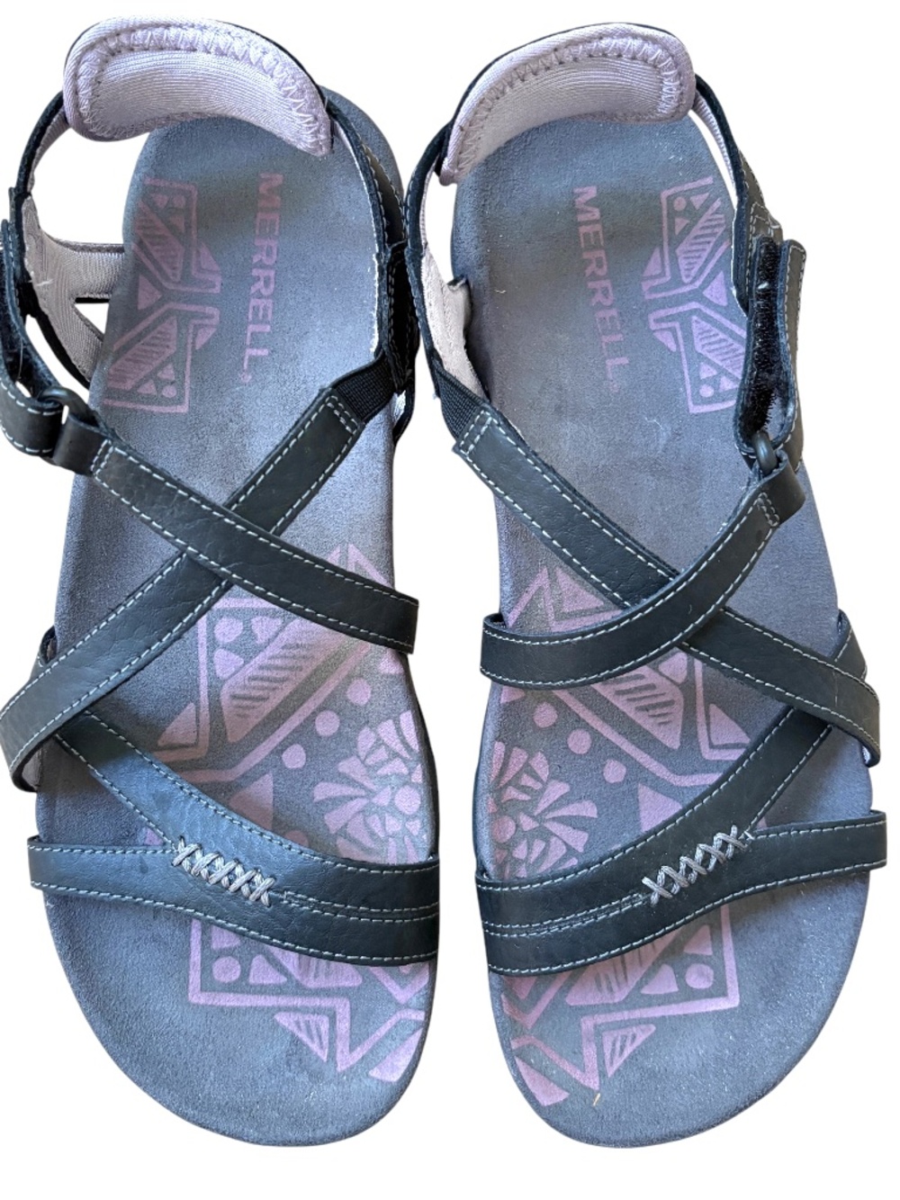 MERRELL sandals 7-8 sandspur rose straps leather black velcro close stitching